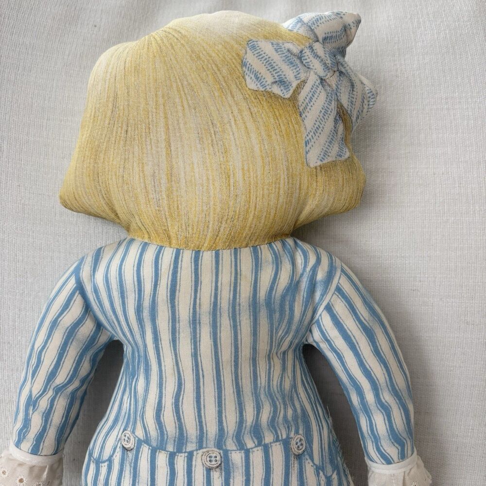 Vtg Cloth Plush Doll 1984 Toy Works Valerie Leonard Blue Stripes Pinafore Blonde - Picture 8 of 16
